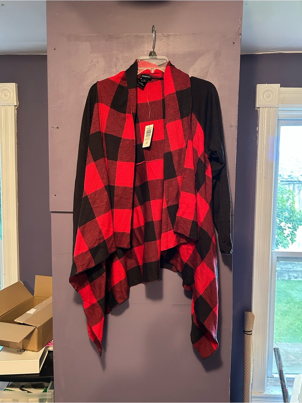 torrid Red & Black Buffalo Plaid Draped Open-Front Cardigan